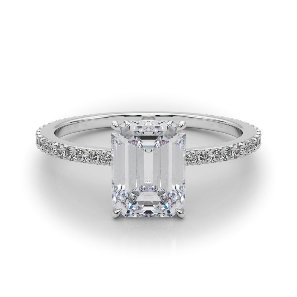 Opulent Hidden Halo Cut Center Single Row Emerald Diamond Engagement Ring in 10K/14K gold and platinum with certified lab-grown or natural diamonds
