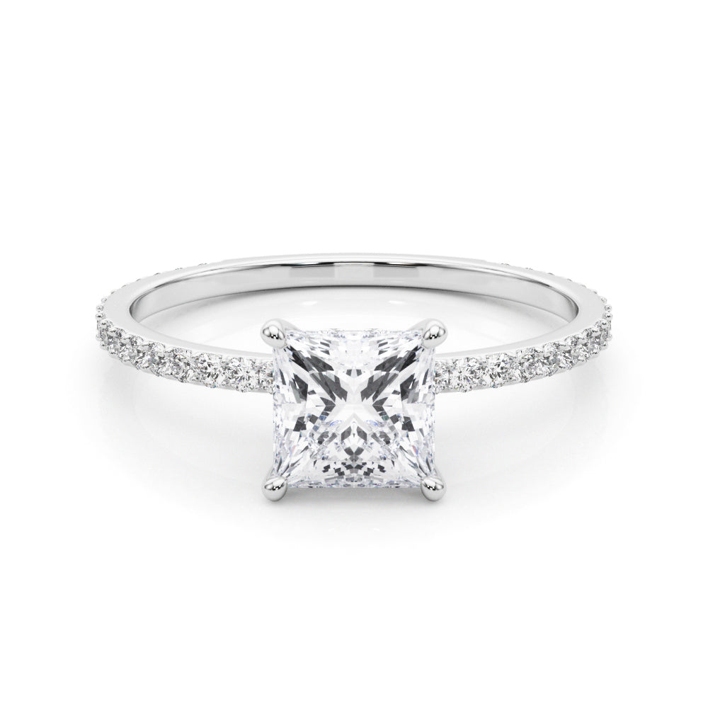 Refined Hidden Halo Cut Center Single Row Princess Diamond Engagement Ring in 10K/14K gold and platinum with certified lab-grown or natural diamonds