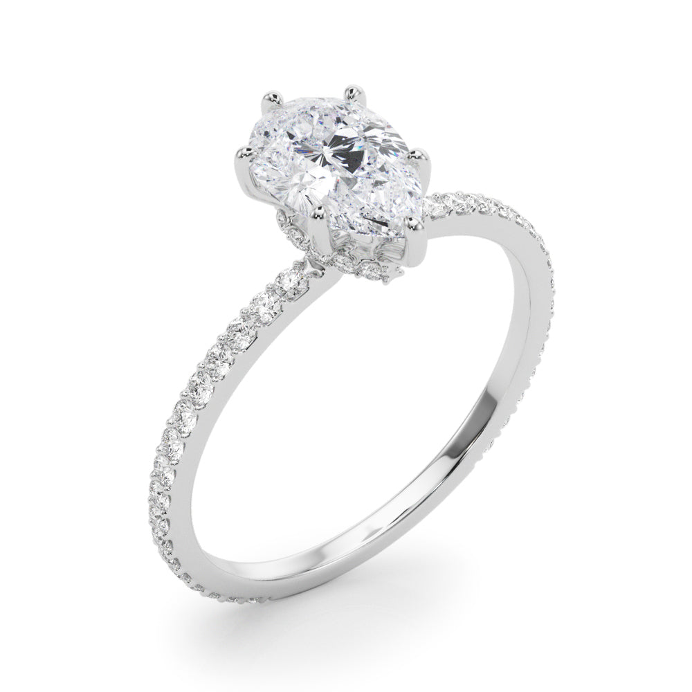 Iconic Hidden Halo Center Single Row Pear Diamond Engagement Ring in 10K/14K gold and platinum with certified lab-grown or natural diamonds