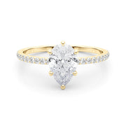 Iconic Hidden Halo Center Single Row Pear Diamond Engagement Ring in 10K/14K gold and platinum with certified lab-grown or natural diamonds