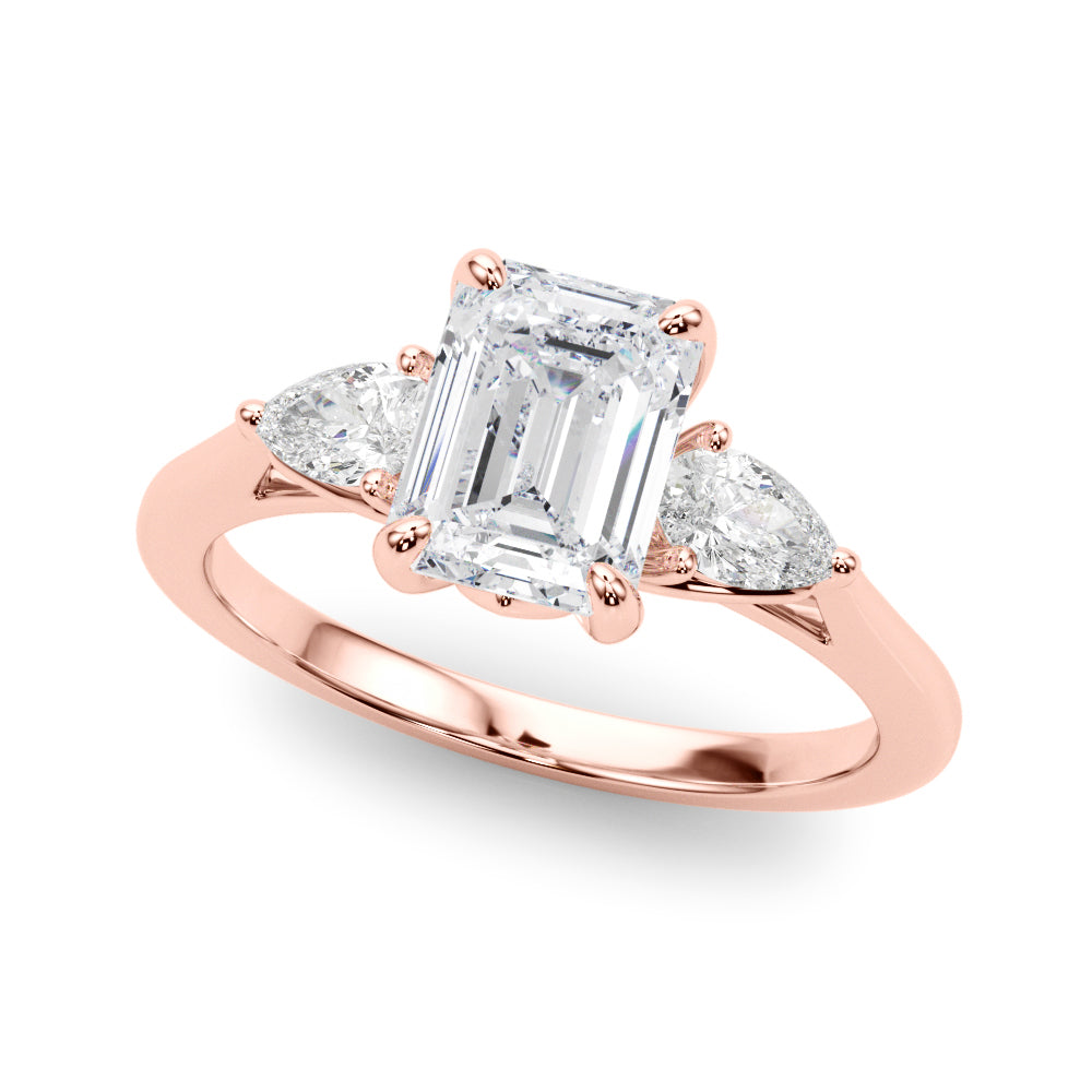 Emerald Cut Three-Stone Diamond Engagement Ring with Pear Side Stones in 10K/14K gold and platinum with certified lab-grown or natural diamonds