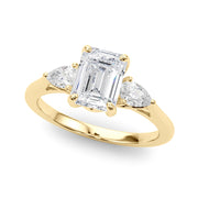 Emerald Cut Three-Stone Diamond Engagement Ring with Pear Side Stones in 10K/14K gold and platinum with certified lab-grown or natural diamonds