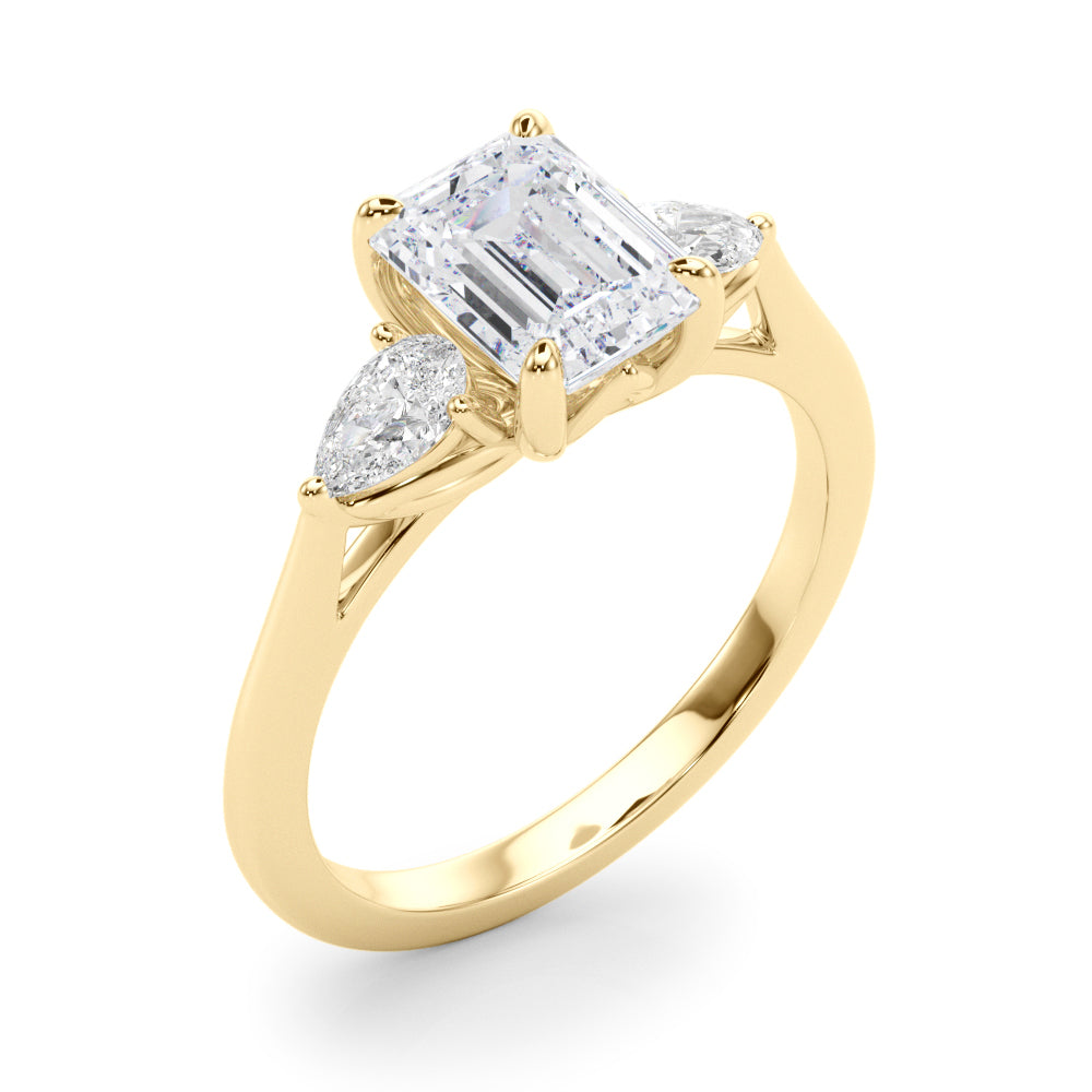 Emerald Cut Three-Stone Diamond Engagement Ring with Pear Side Stones in 10K/14K gold and platinum with certified lab-grown or natural diamonds