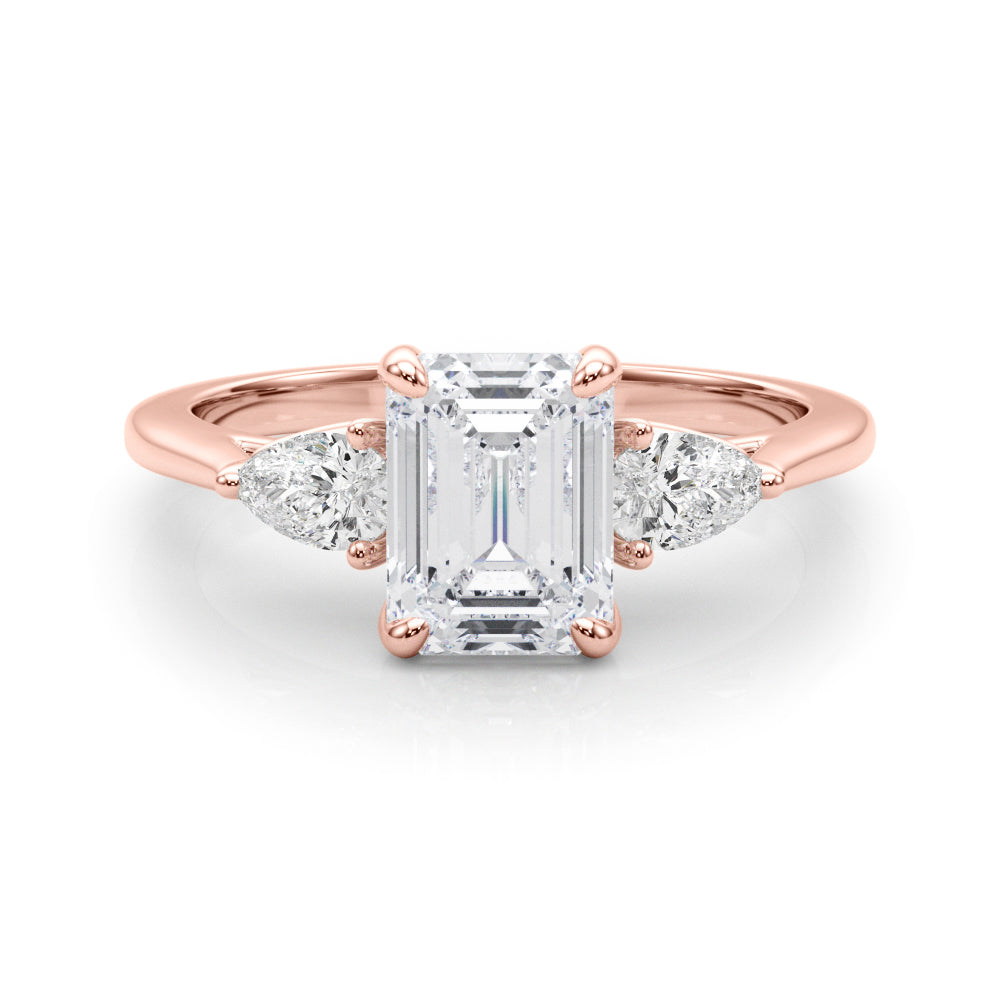 Emerald Cut Three-Stone Diamond Engagement Ring with Pear Side Stones in 10K/14K gold and platinum with certified lab-grown or natural diamonds
