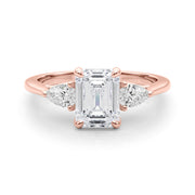 Emerald Cut Three-Stone Diamond Engagement Ring with Pear Side Stones in 10K/14K gold and platinum with certified lab-grown or natural diamonds