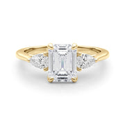 Emerald Cut Three-Stone Diamond Engagement Ring with Pear Side Stones in 10K/14K gold and platinum with certified lab-grown or natural diamonds