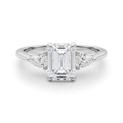 Emerald Cut Three-Stone Diamond Engagement Ring with Pear Side Stones in 10K/14K gold and platinum with certified lab-grown or natural diamonds