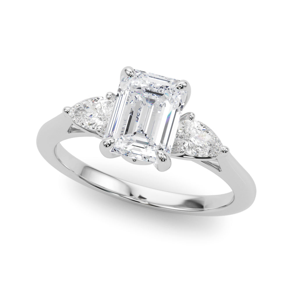 Emerald Cut Three-Stone Diamond Engagement Ring with Pear Side Stones in 10K/14K gold and platinum with certified lab-grown or natural diamonds