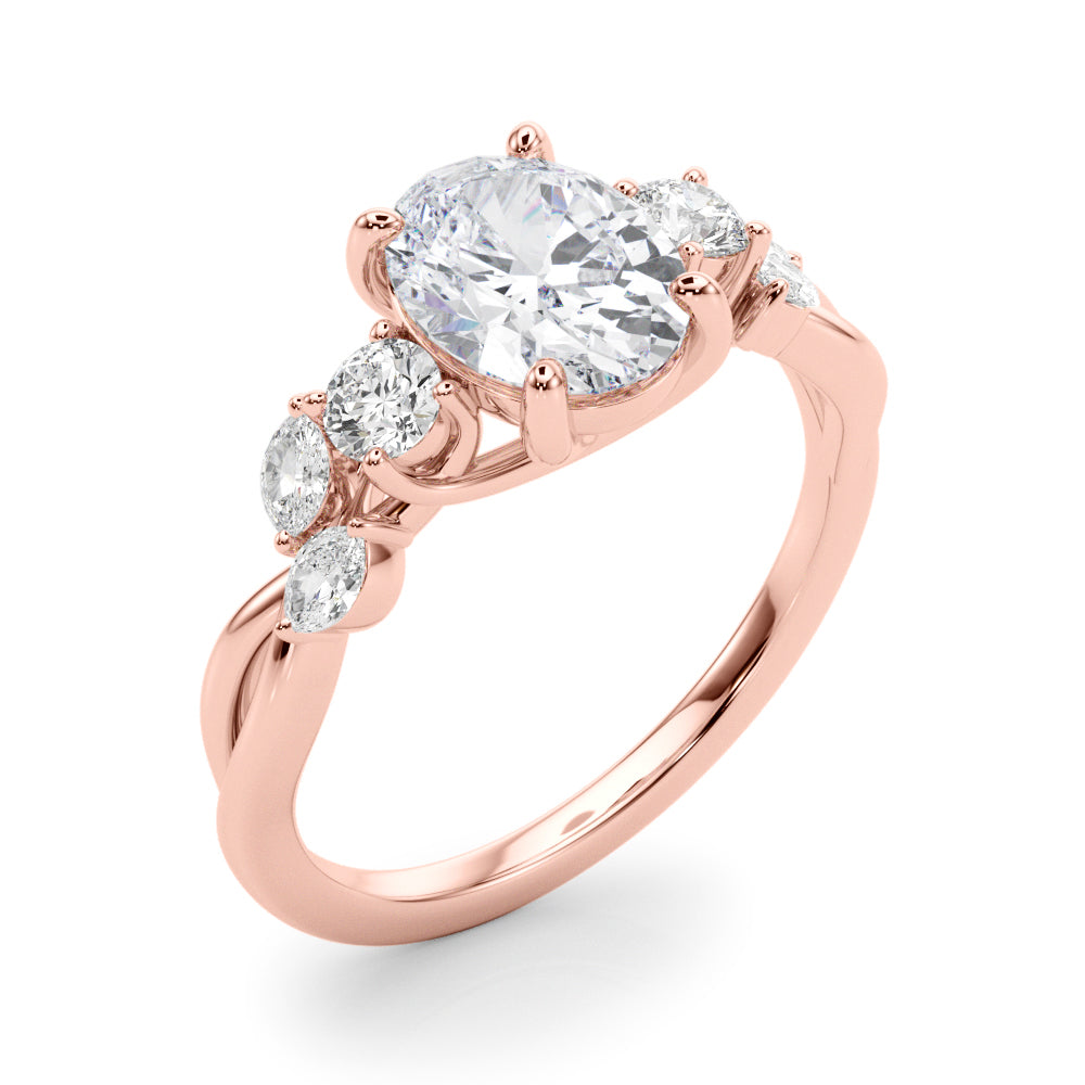 Cherished Split Shank Oval Center Rd & Mq Sides Oval Diamond Engagement Ring in 10K/14K gold and platinum with certified lab-grown or natural diamonds