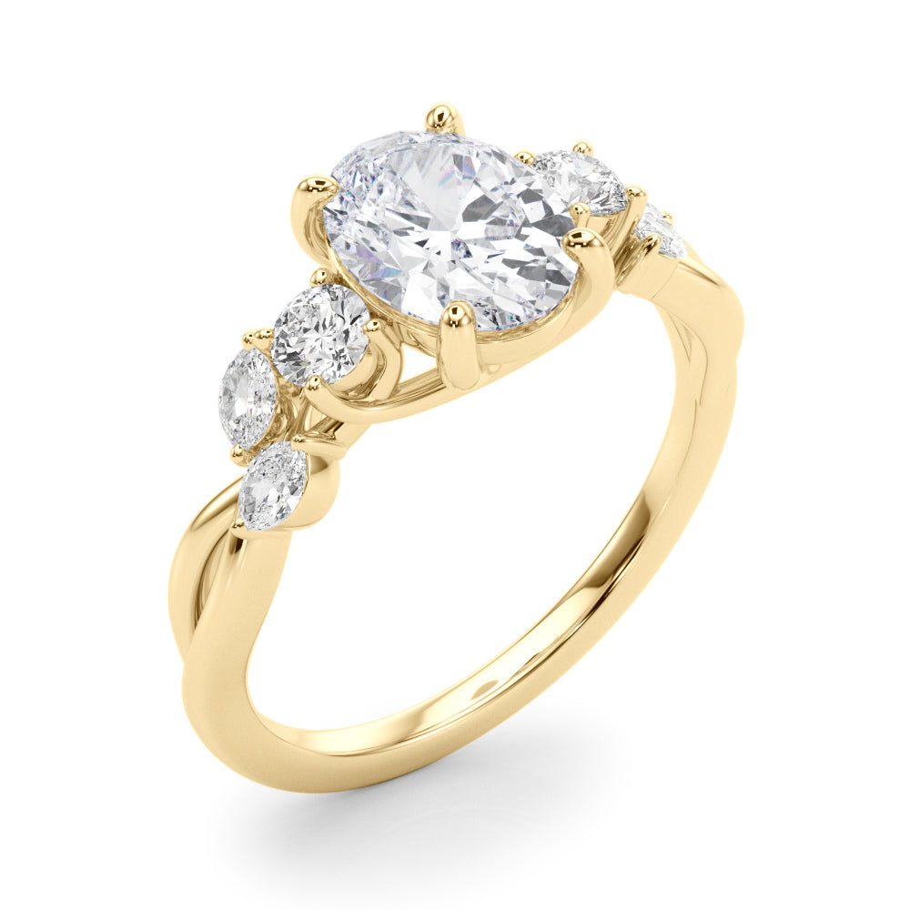 Cherished Split Shank Oval Center Rd & Mq Sides Oval Diamond Engagement Ring in 10K/14K gold and platinum with certified lab-grown or natural diamonds