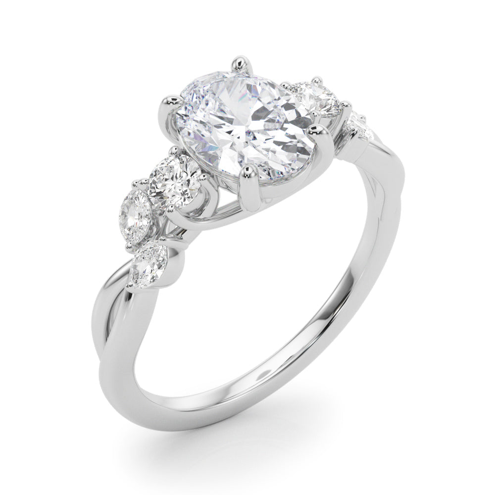Cherished Split Shank Oval Center Rd & Mq Sides Oval Diamond Engagement Ring in 10K/14K gold and platinum with certified lab-grown or natural diamonds