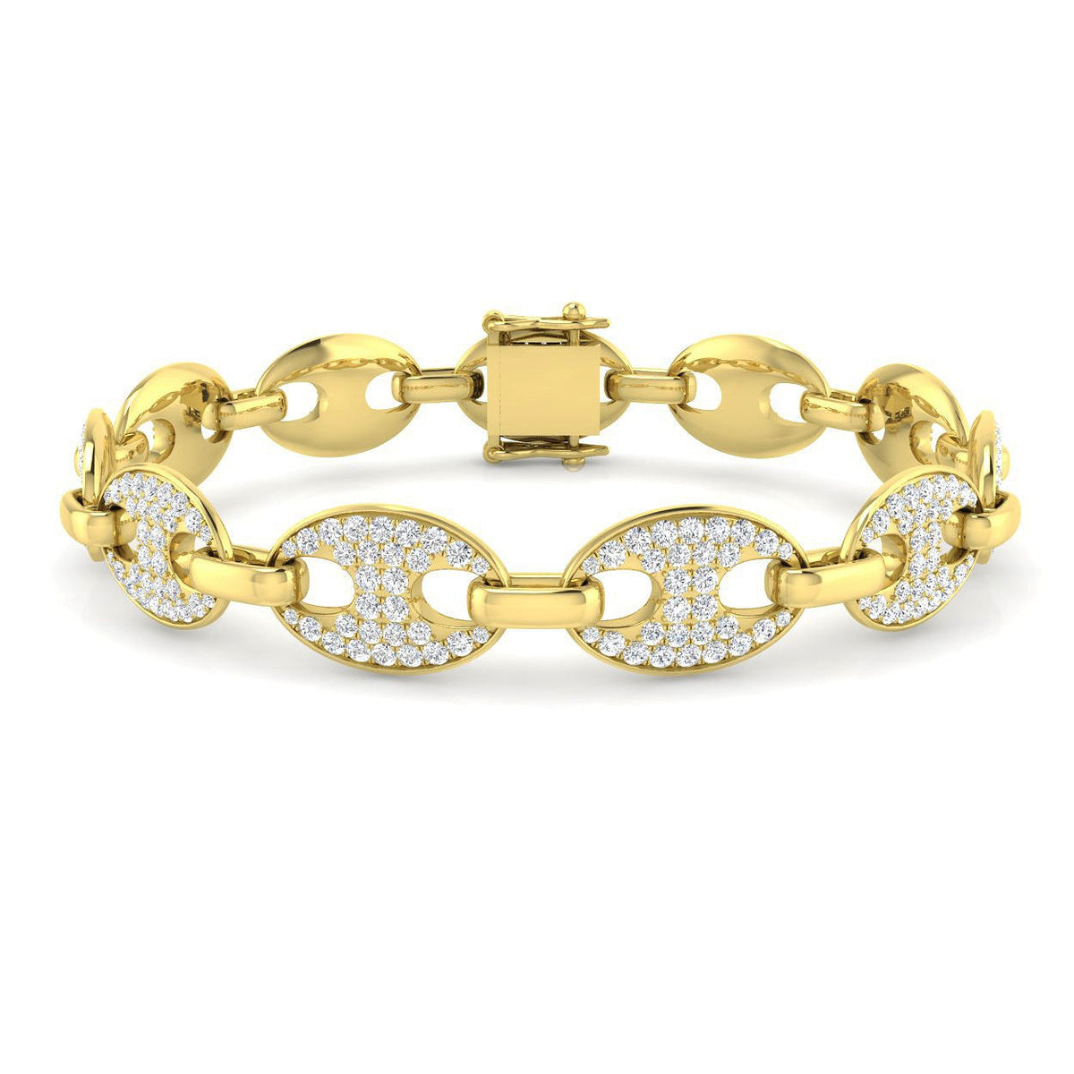 Natural Diamond Puff Link Bracelet with Pave Set Oval Links & Box Clasp in 10K/14K gold and platinum with certified lab-grown or natural diamonds