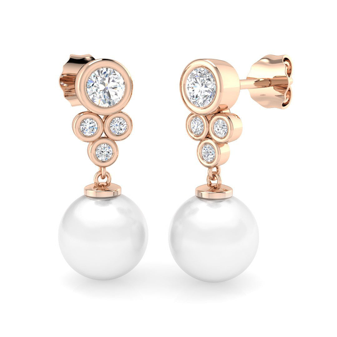 Round Pearl Diamond Drop Earrings with Bezel Set Diamonds & Push Back in 10K/14K gold and platinum with certified lab-grown or natural diamonds