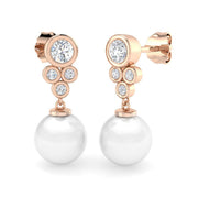 Round Pearl Diamond Drop Earrings with Bezel Set Diamonds & Push Back in 10K/14K gold and platinum with certified lab-grown or natural diamonds