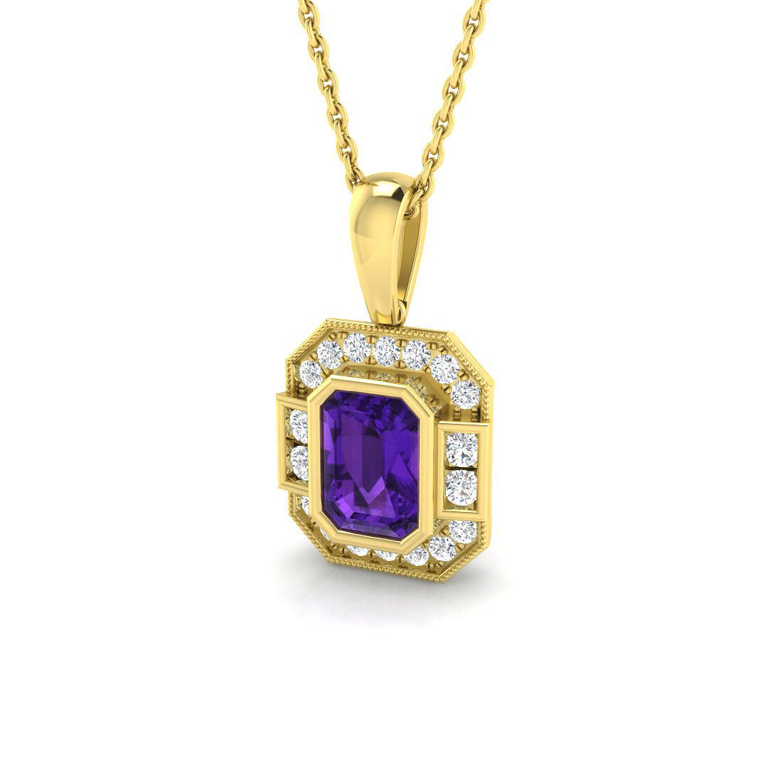 Vintage Amethyst & Diamond Halo Pendant in in 10K/14K gold and platinum with certified lab-grown or natural diamonds