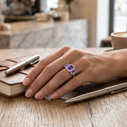 Natural Diamond Three Stone Halo Amethyst Gemstone Engagement Ring in 10K/14K gold and platinum with certified lab-grown or natural diamonds