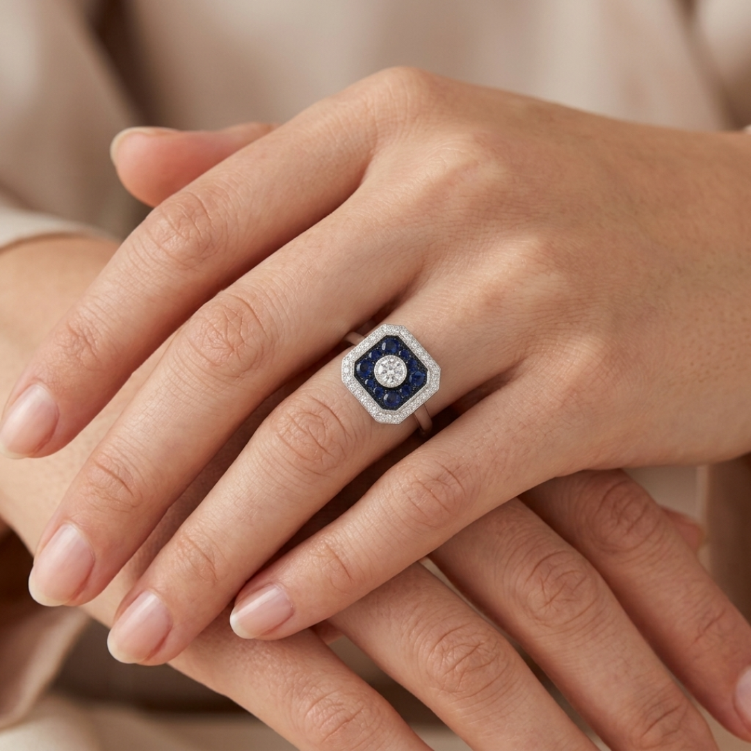 Blue Sapphire Cluster Ring with Diamond Halo in 10K/14K gold and platinum with certified lab-grown or natural diamonds