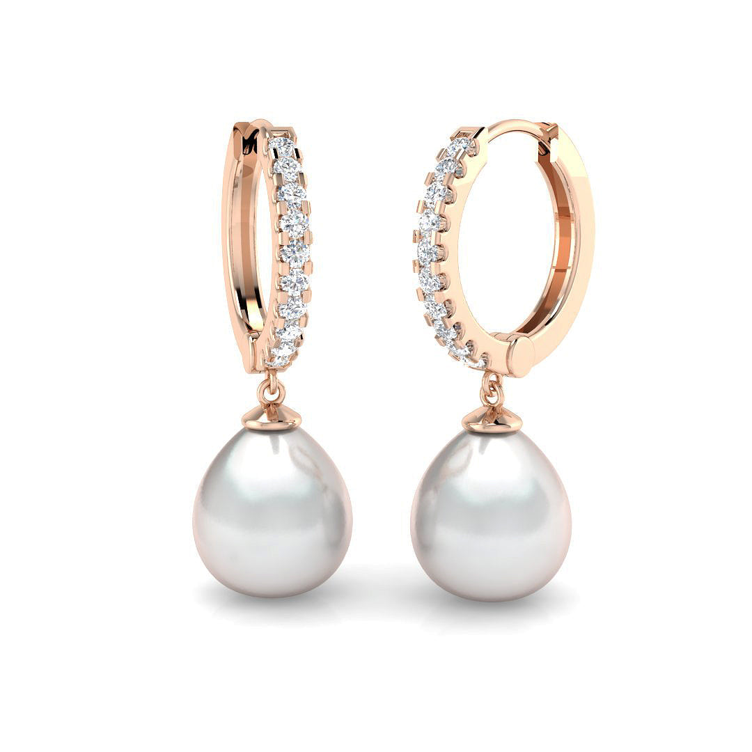 Pearl Diamond Hoop Drop Earrings - Elegant Luxury Jewelry - UK Made in 10K/14K gold and platinum with certified lab-grown or natural diamonds