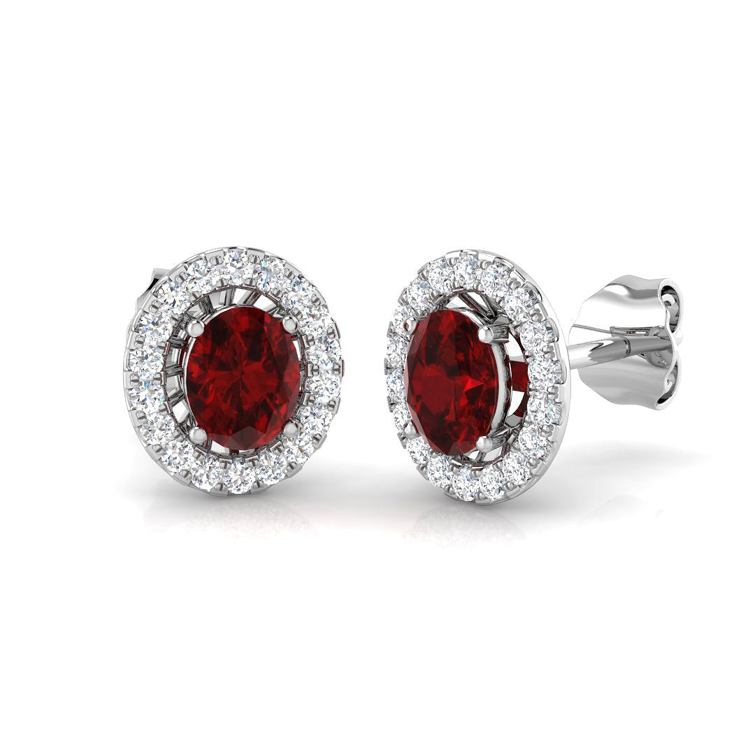 Ruby Halo Diamond Stud Earrings with Oval Cut Ruby in 10K/14K gold and platinum with certified lab-grown or natural diamonds