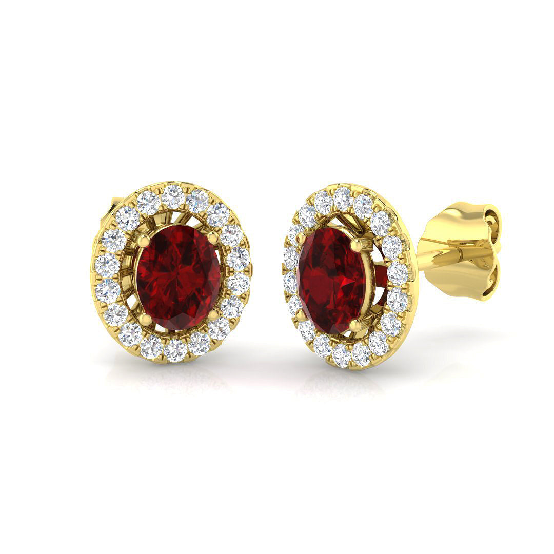 Ruby Halo Diamond Stud Earrings with Oval Cut Ruby in 10K/14K gold and platinum with certified lab-grown or natural diamonds