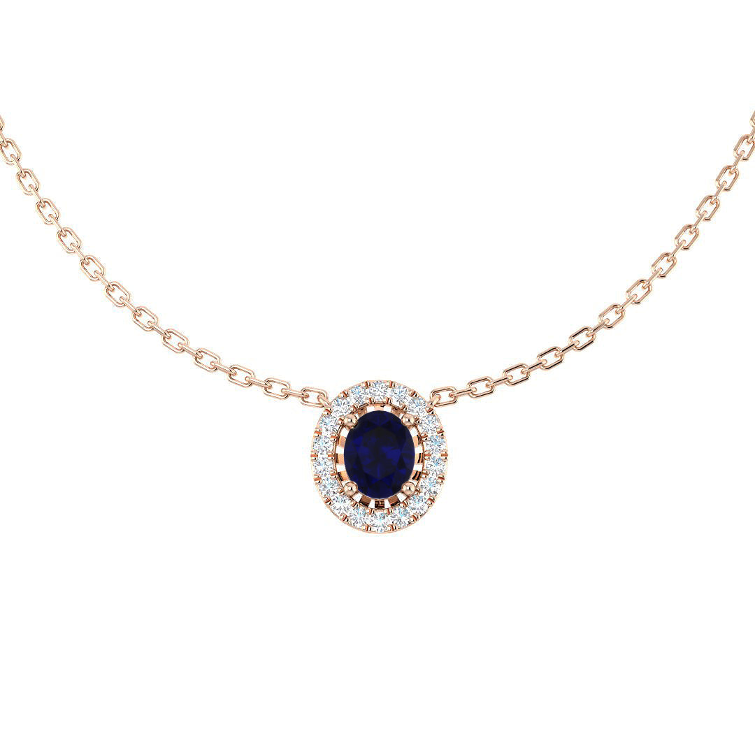 Blue Sapphire Pendant Necklace with Diamond Halo in 10K/14K gold and platinum with certified lab-grown or natural diamonds