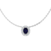 Blue Sapphire Pendant Necklace with Diamond Halo in 10K/14K gold and platinum with certified lab-grown or natural diamonds