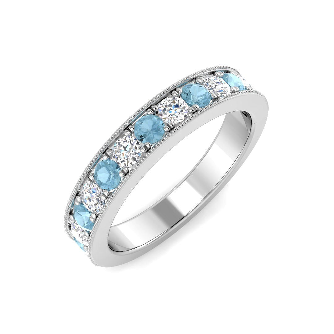 Aquamarine Half Eternity Ring with Round Natural Diamonds in 10K/14K gold and platinum with certified lab-grown or natural diamonds