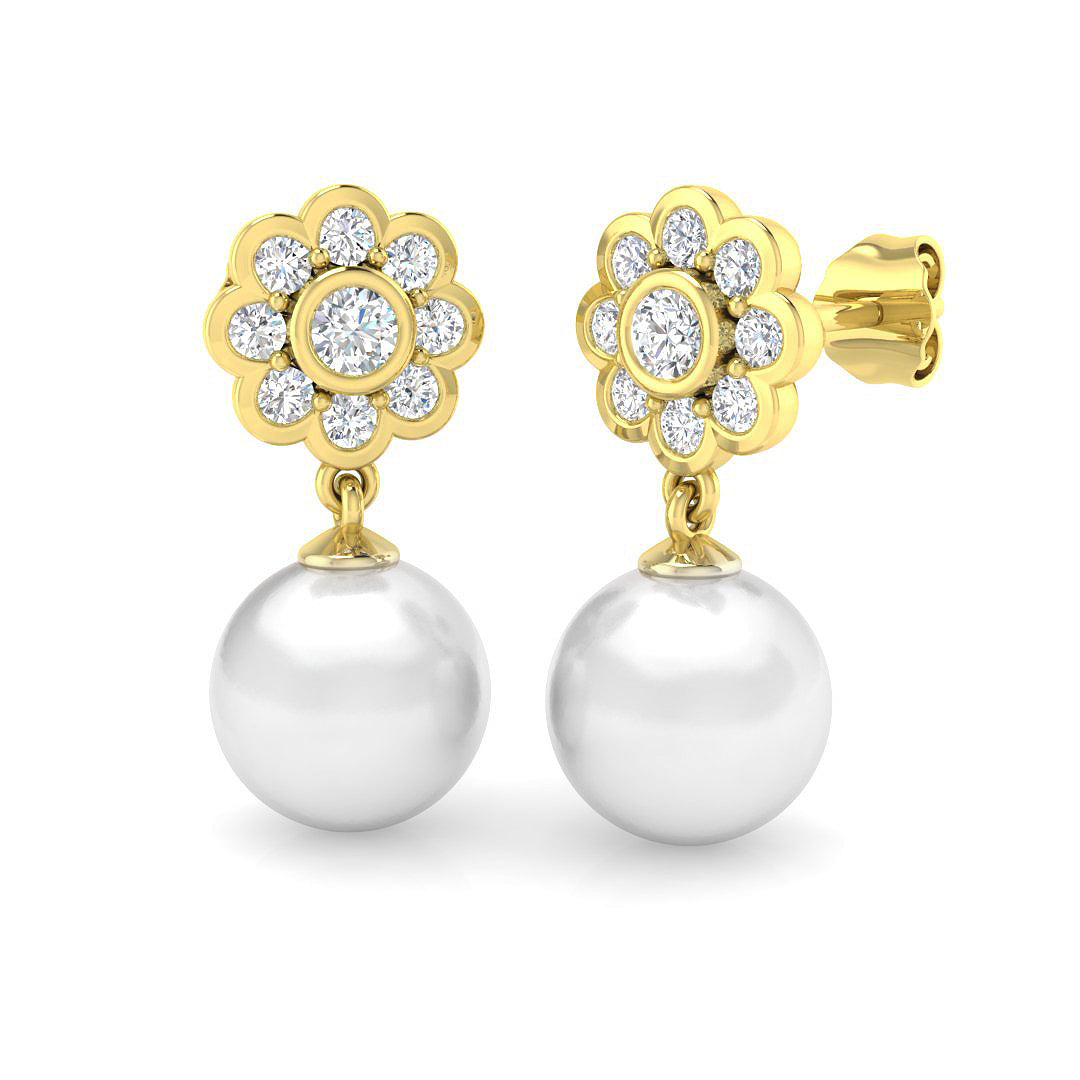 Pearl Floral Diamond Drop Earrings in 10K/14K gold and platinum with certified lab-grown or natural diamonds
