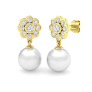 Pearl Floral Diamond Drop Earrings in 10K/14K gold and platinum with certified lab-grown or natural diamonds
