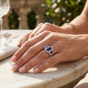 Blue Sapphire Halo Ring Three Stone Diamond in 10K/14K gold and platinum with certified lab-grown or natural diamonds