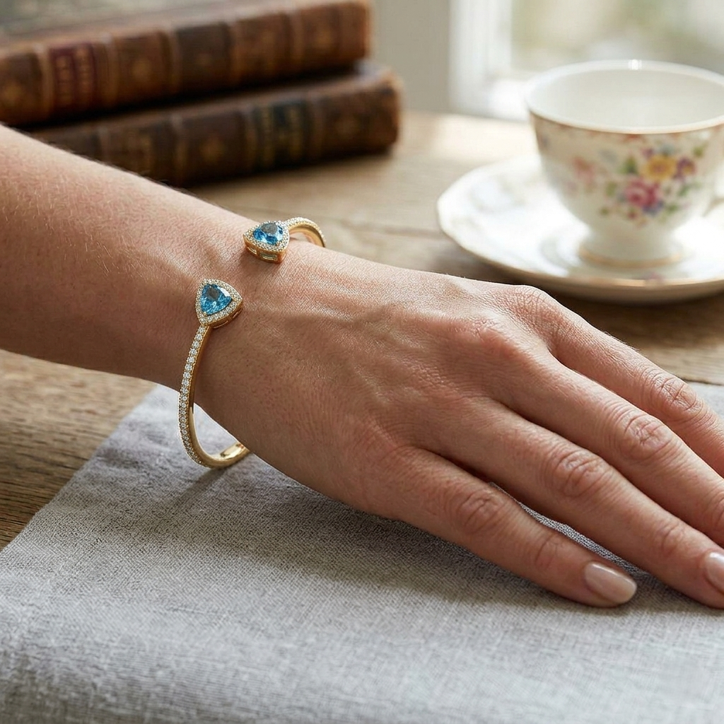 Trillion Cut Blue Topaz Open Cuff Bangle with Natural Halo Diamond in 10K/14K gold and platinum with certified lab-grown or natural diamonds