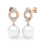 Floral Pearl Diamond Drop Earrings with Cluster Halo Design in 10K/14K gold and platinum with certified lab-grown or natural diamonds