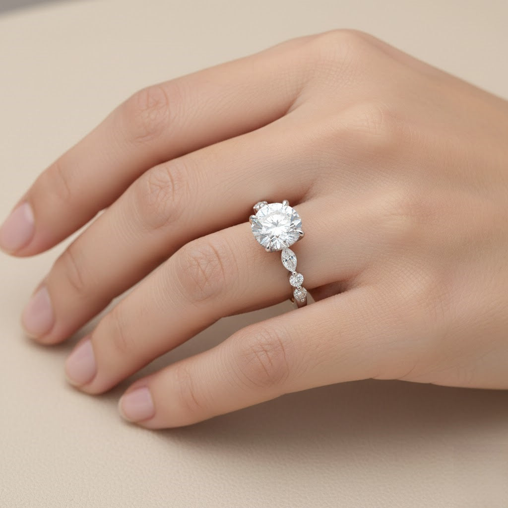 Round Diamond Ring with Marquise & Side Stones in 10K/14K gold and platinum with certified lab-grown or natural diamonds