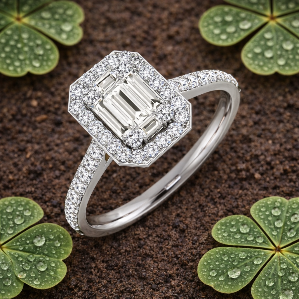 Baguette & Round Cut Diamond Halo Engagement Ring in Gold & in 10K/14K gold and platinum with certified lab-grown or natural diamonds
