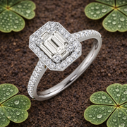 Baguette & Round Cut Diamond Halo Engagement Ring in Gold & in 10K/14K gold and platinum with certified lab-grown or natural diamonds