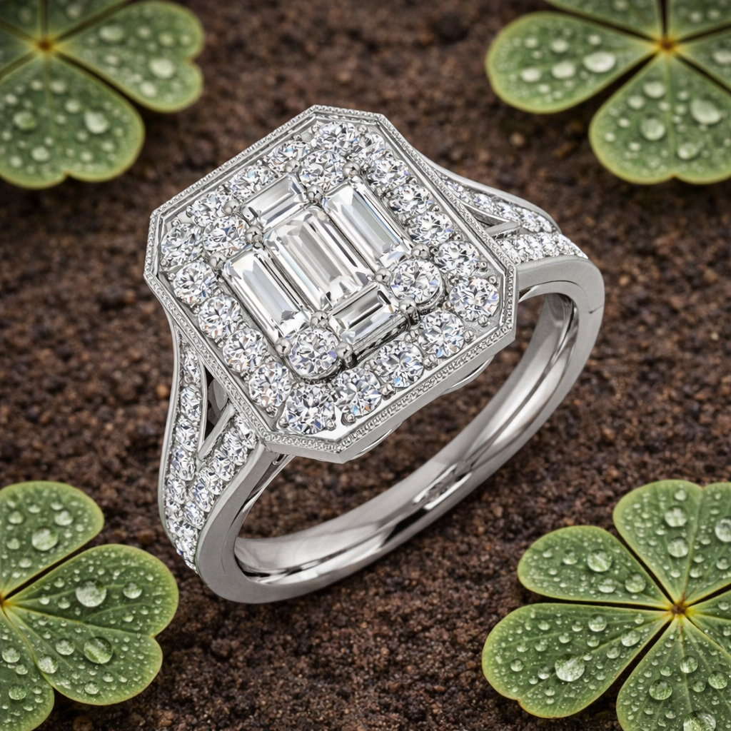 Baguette & Round Diamond Halo Style Ring with Milgrain Detail in 10K/14K gold and platinum with certified lab-grown or natural diamonds