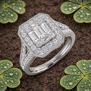 Baguette & Round Diamond Halo Style Ring with Milgrain Detail in 10K/14K gold and platinum with certified lab-grown or natural diamonds