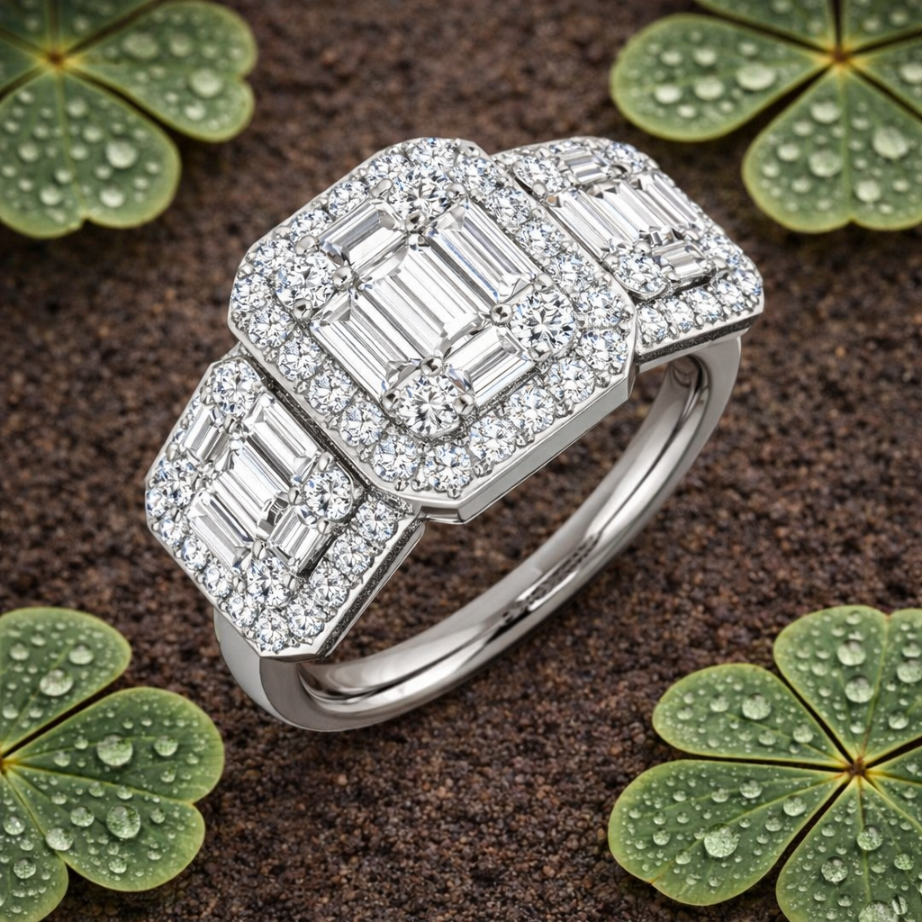 Baguette & Round Diamond Halo Style Engagement Ring In 0.50ct - 2.25ct in 10K/14K gold and platinum with certified lab-grown or natural diamonds