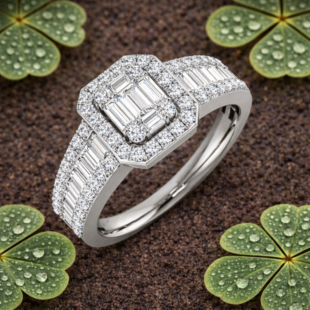 Baguette & Round Diamond Halo Style Multi-Stone Engagement Ring in 10K/14K gold and platinum with certified lab-grown or natural diamonds