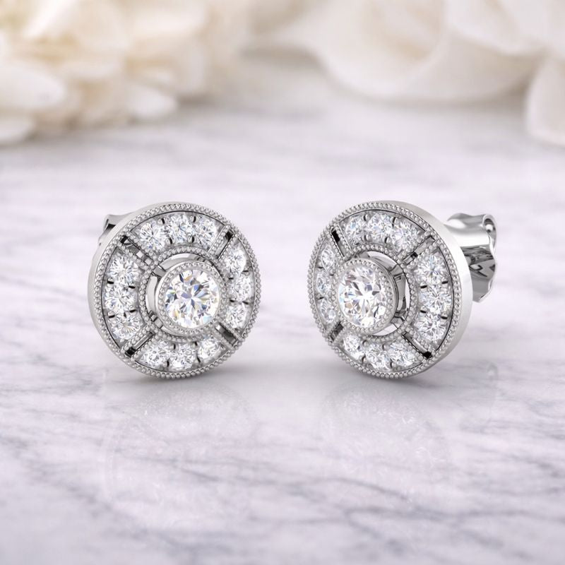 Elegant Vintage Round Diamond Stud Earrings in 10K/14K gold and platinum with certified lab-grown or natural diamonds