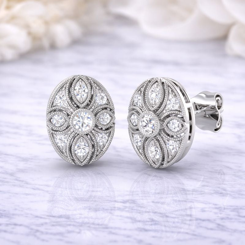 Lab & Natural Diamond Vintage Round Cut Stud Earrings in 10K/14K gold and platinum with certified lab-grown or natural diamonds