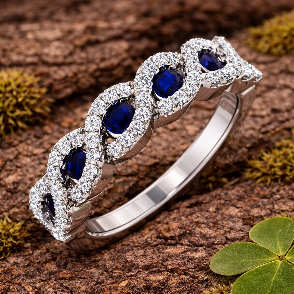 Blue Sapphire Diamond Infinity Ring with Twisted Band in 10K/14K gold and platinum with certified lab-grown or natural diamonds