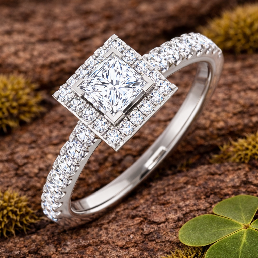 Diamond Princess Cut Halo Ring in 10K/14K gold and platinum with certified lab-grown or natural diamonds