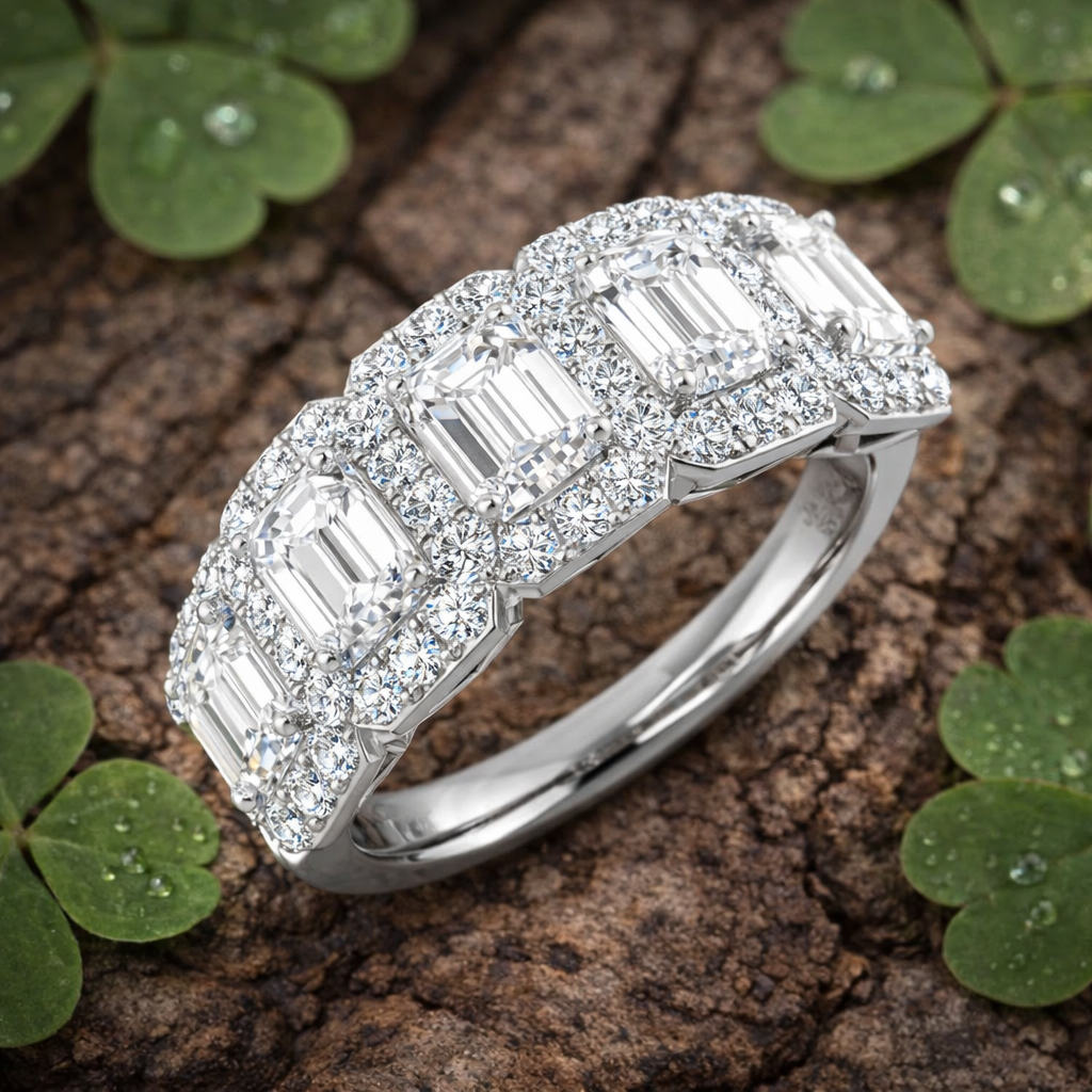 Diamond 5 Stone Emerald & Round Cut Diamond Ring in 10K/14K gold and platinum with certified lab-grown or natural diamonds