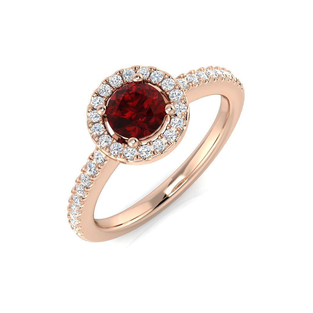 Ruby Halo Ring with Diamond Pave Band in 10K/14K gold and platinum with certified lab-grown or natural diamonds