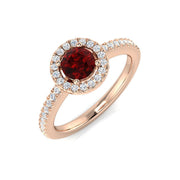 Ruby Halo Ring with Diamond Pave Band in 10K/14K gold and platinum with certified lab-grown or natural diamonds