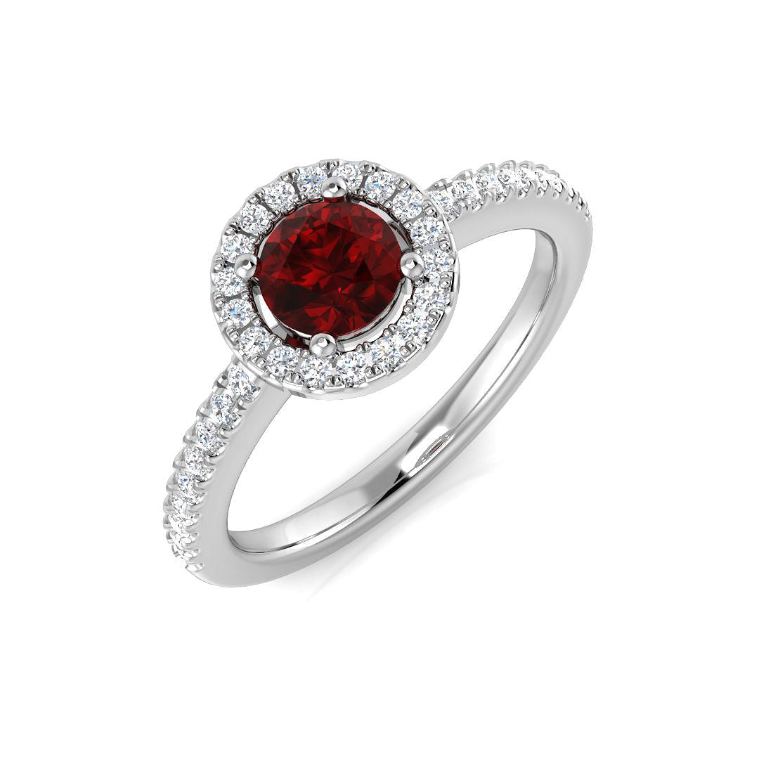 Ruby Halo Ring with Diamond Pave Band in 10K/14K gold and platinum with certified lab-grown or natural diamonds