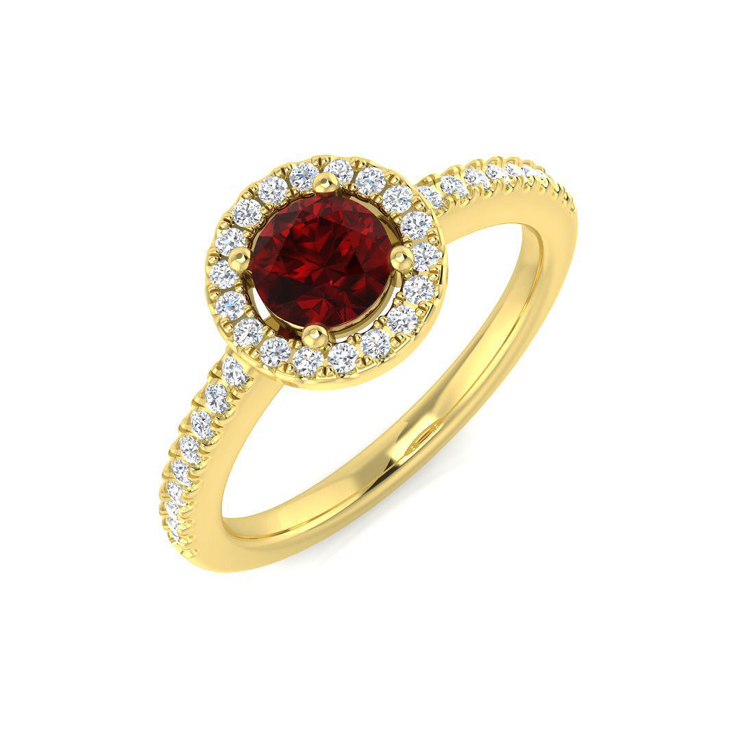 Ruby Halo Ring with Diamond Pave Band in 10K/14K gold and platinum with certified lab-grown or natural diamonds
