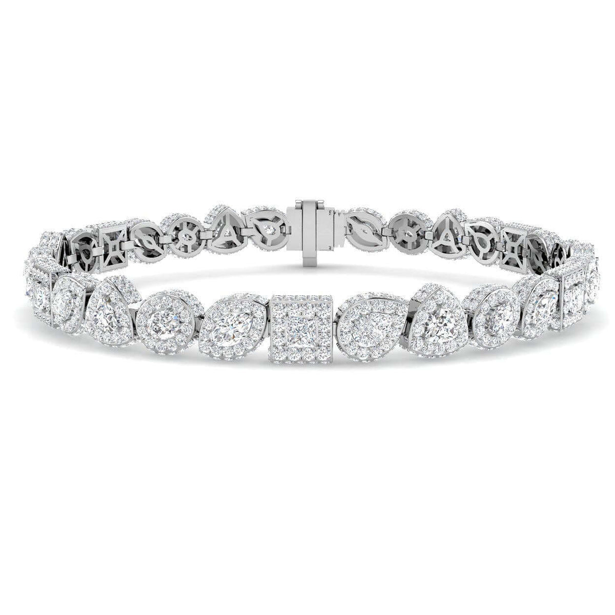 Multi Shape Solitaire Natural Diamond Halo Tennis Bracelet with Box Clasp in 10K/14K gold and platinum with certified lab-grown or natural diamonds