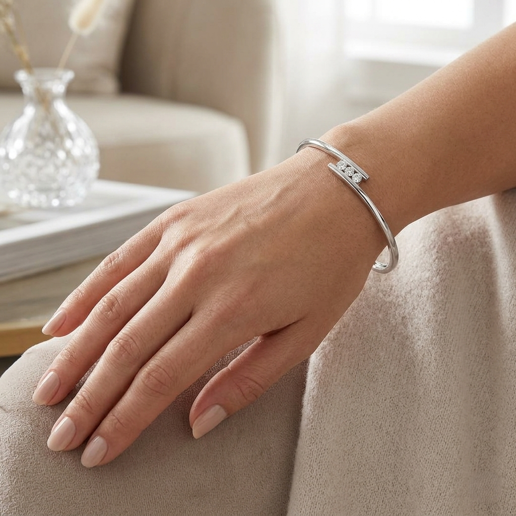 Natural Round Three Stone Tension Set Diamond Bangle in Bypass Style in 10K/14K gold and platinum with certified lab-grown or natural diamonds